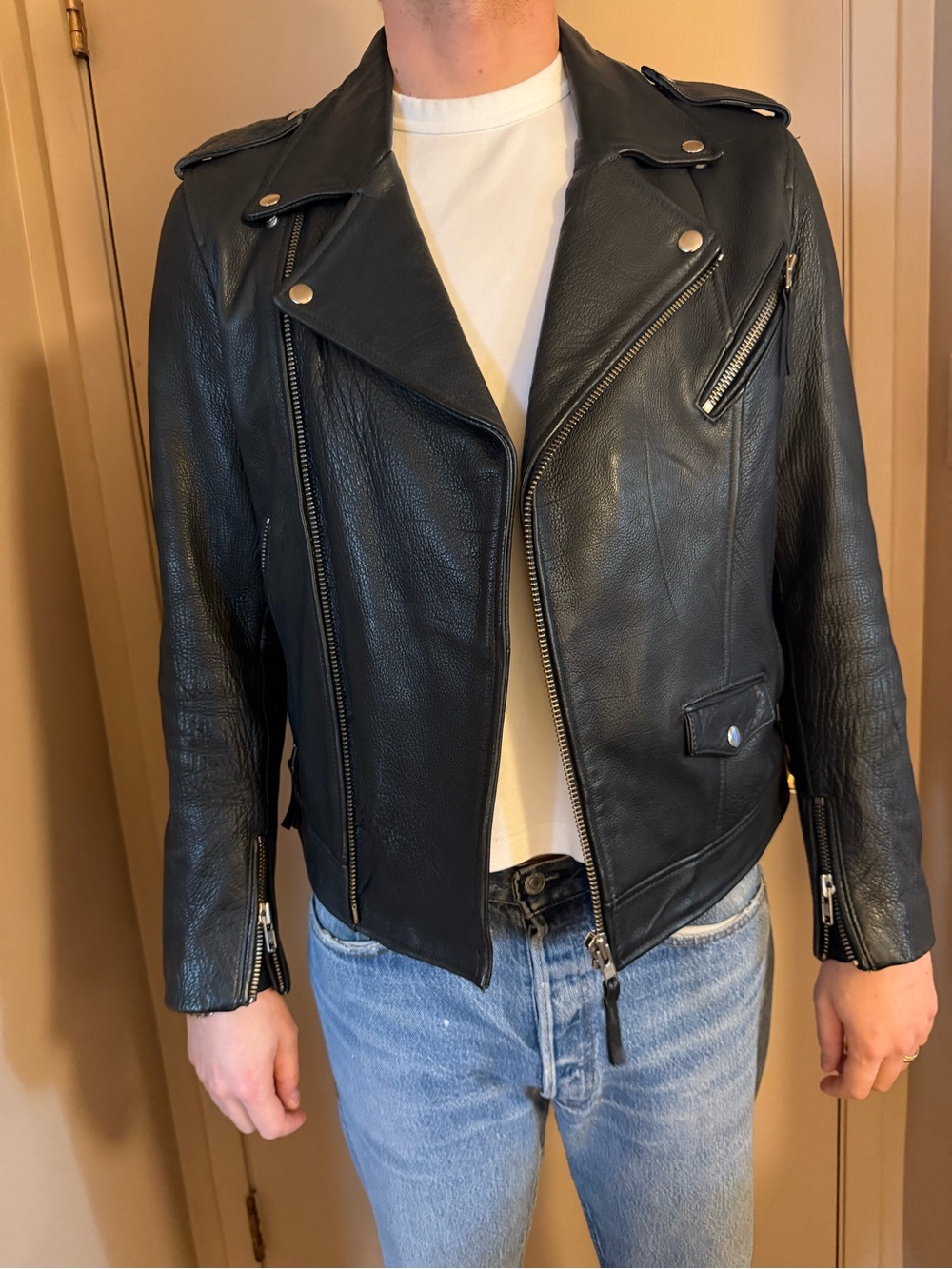 H&M Navy Leather Moto Bomber Jacket with Silver Hardware